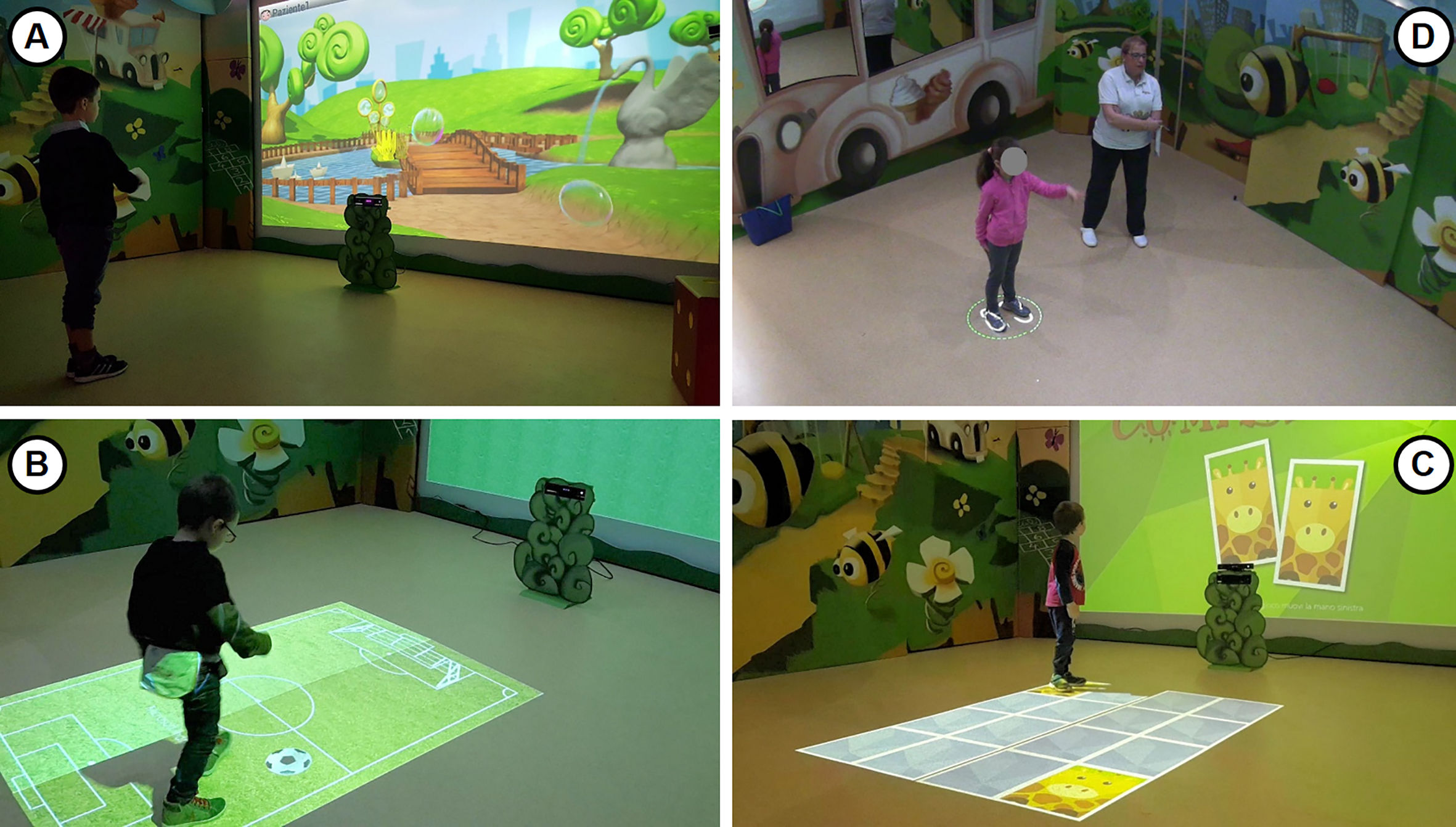 The hi-tech room in use: (a) a game being played using VITAMIN software, with the images projected onto the frontal screen; (b) a typical rehabilitation session; (c, d) other exercises performed using images projected onto the floor.
