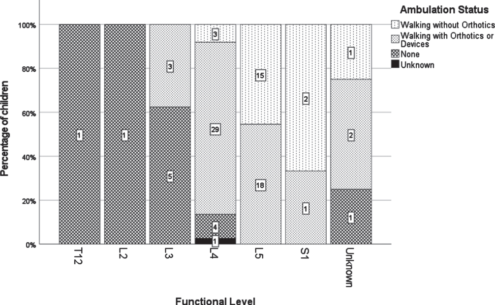 Detailed classification of ambulation status according to motor function level at 36 months.