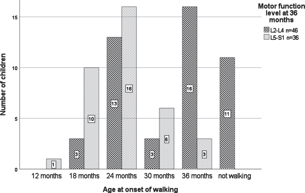 Age at onset of walking stratified by motor function level at 36 months. n = 82 due to four missing motor function levels at 36 months and one unknown age at onset of walking.