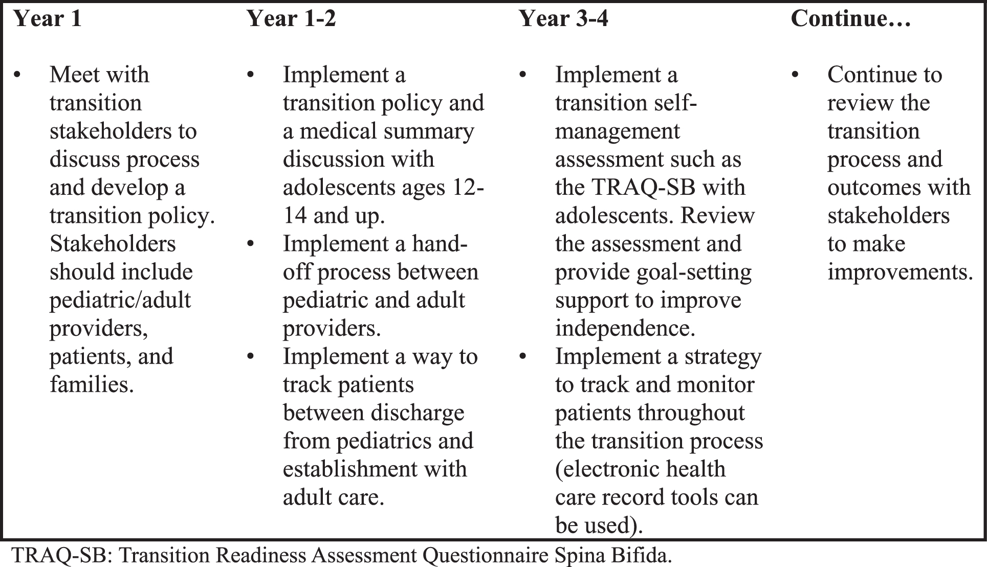 Suggested timeline for implementing a structured transition to adult care clinical process.