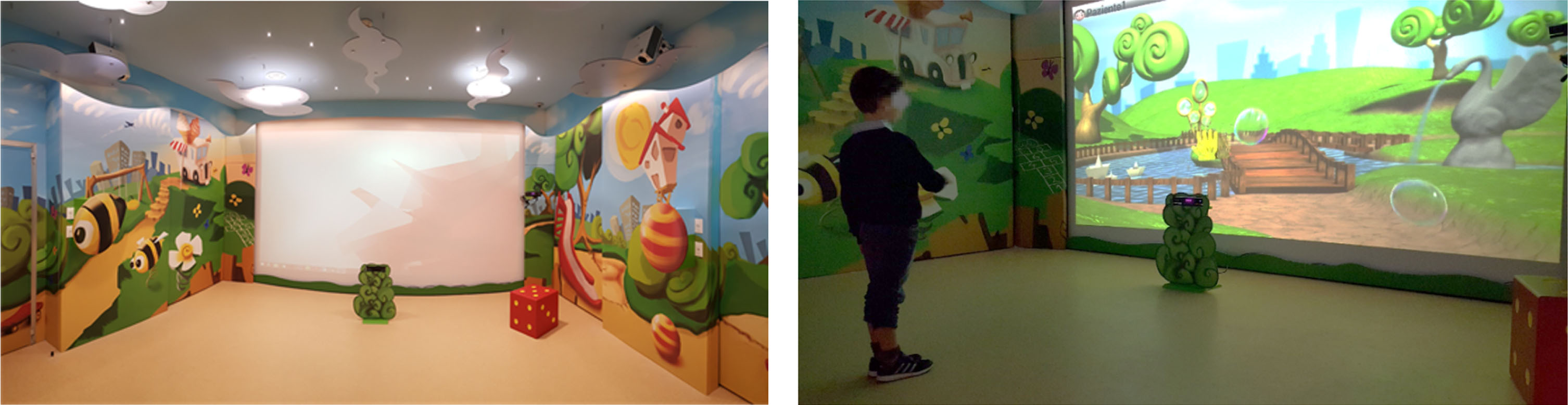 Pictures of CARE Lab (left) and of a child playing the Bubble 1 game (right).