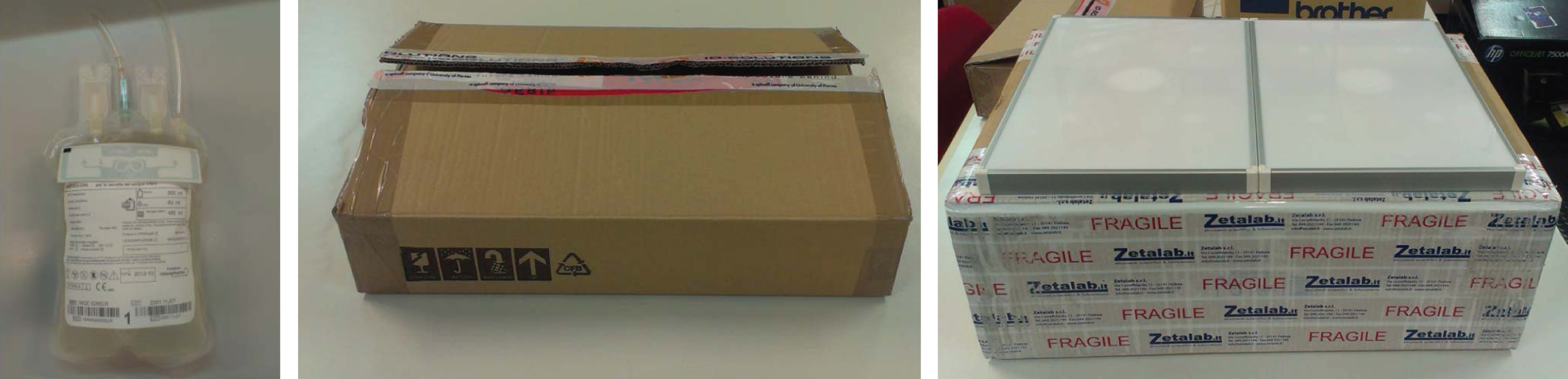 Tagged blood bag (a); cardboard container used for the tests (b); near field antennas setup (c).