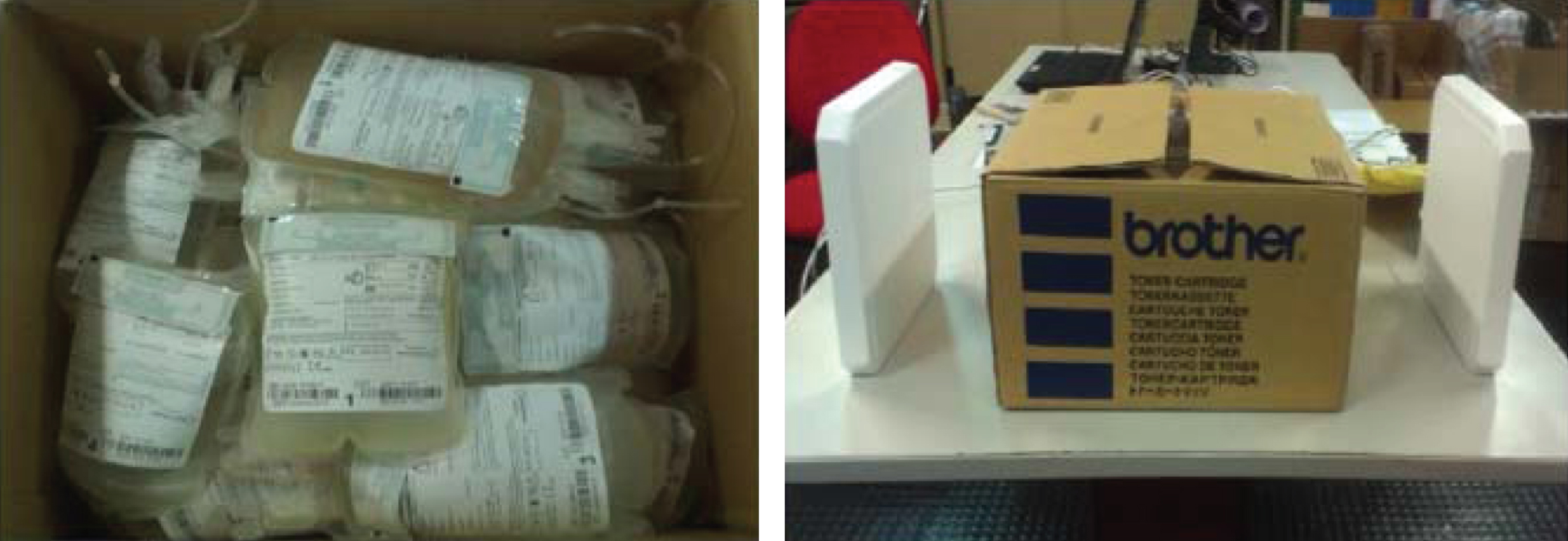 Tagged blood bags in the cardboard container used for the tests (a); container and far field antennas setup on the wooden table.