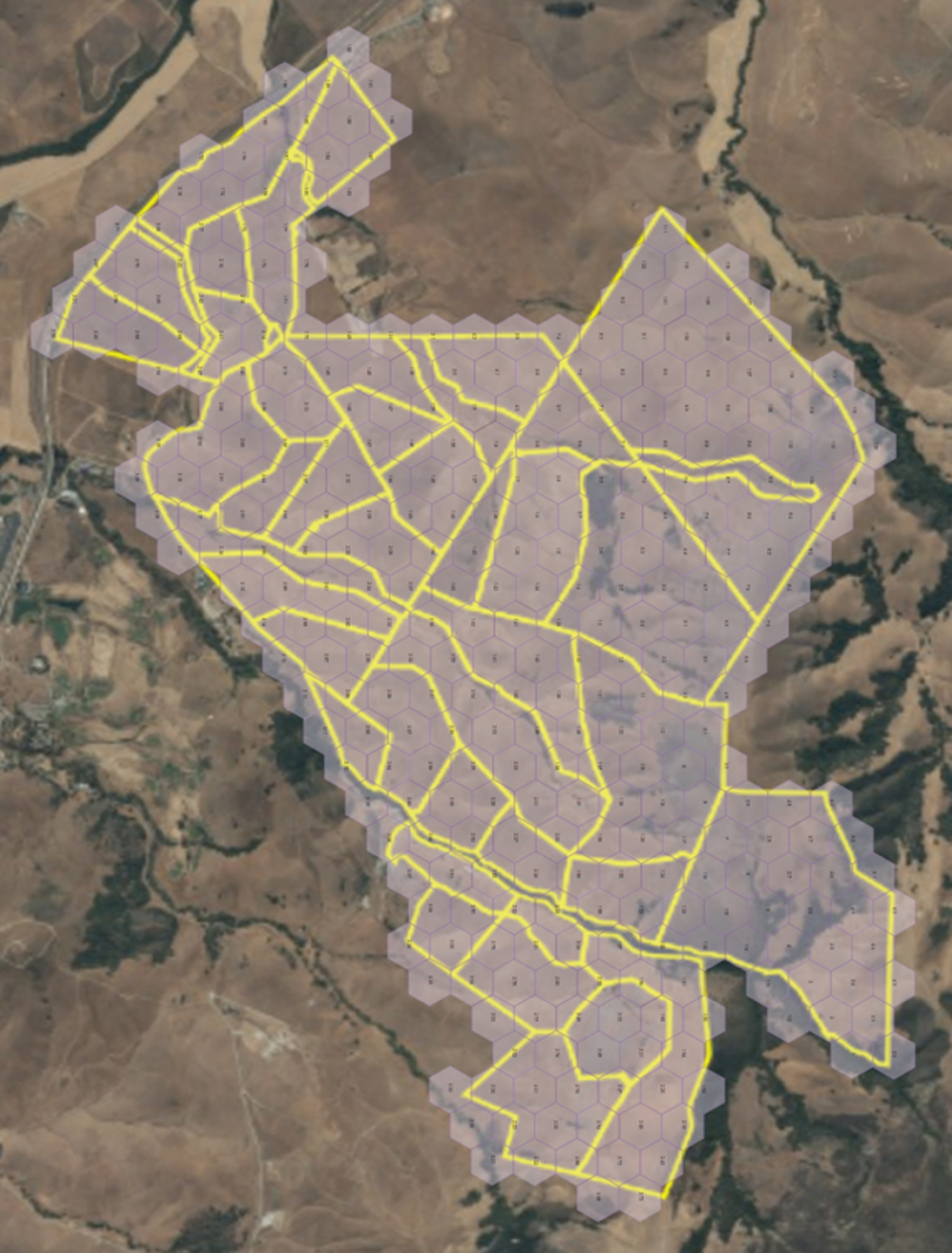 Hexagonal tiling over Walters and Escuela Ranches.