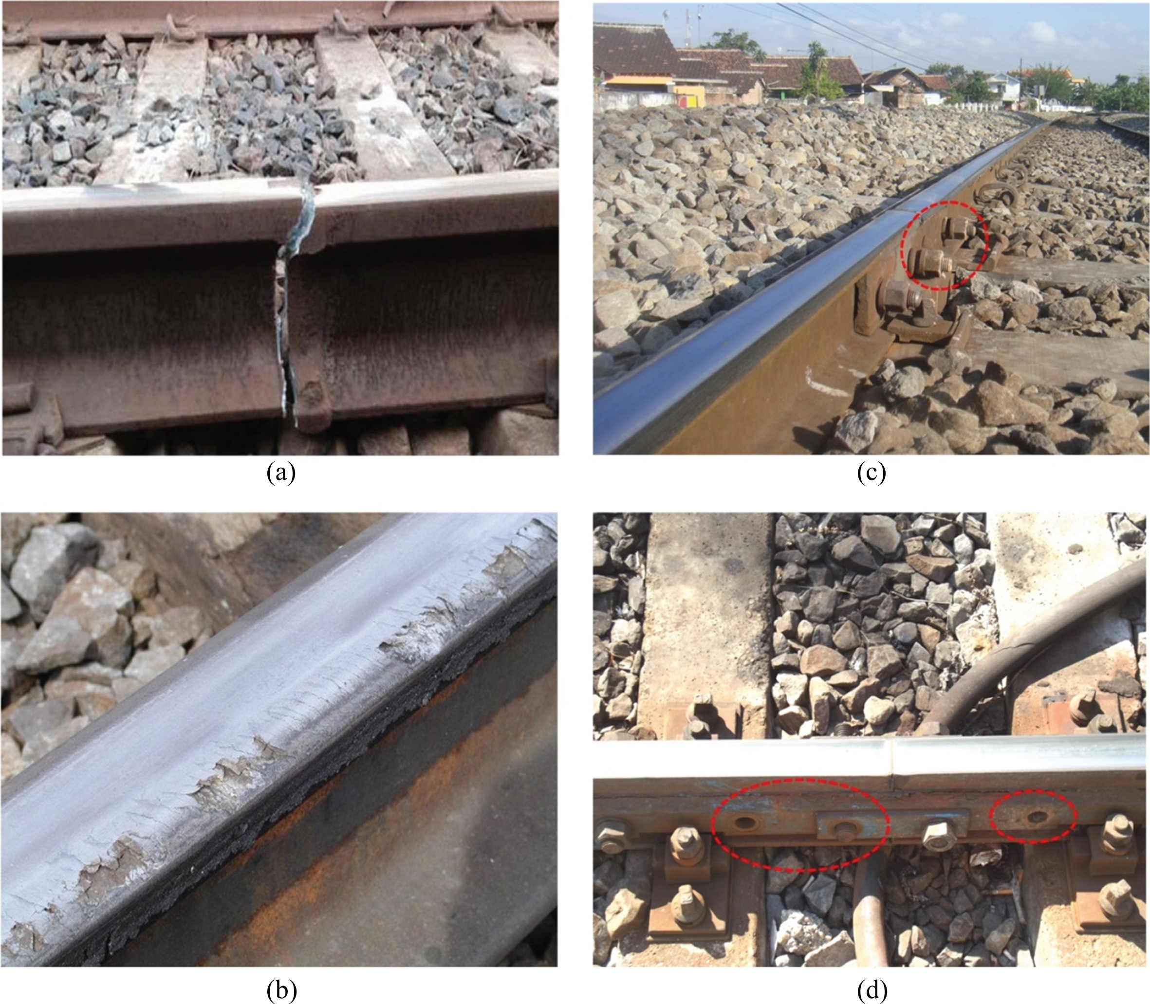 Examples of track abnormalities (a) deformation with crack, (b) rusty deformation on rail top, (c) loose bolts, and (d) missing bolt.