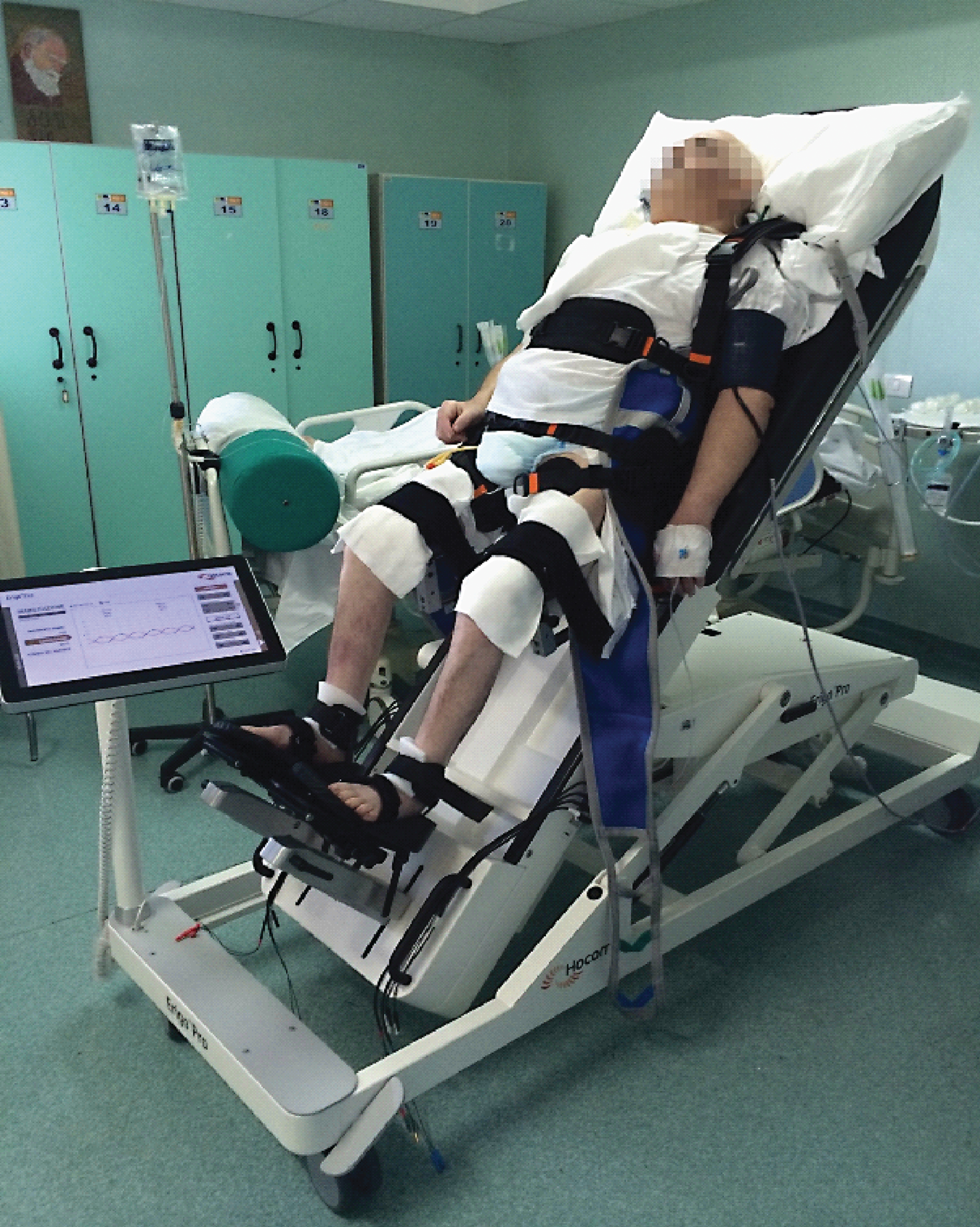 ERIGO device combines progressive verticalization, cyclic leg movements in combination with step synchronized muscle functional electric stimulation at lower limb (that allow stepping reinforcement), and body weight loading, in an attempt to ensure the safe stabilization in the upright position of the patient.