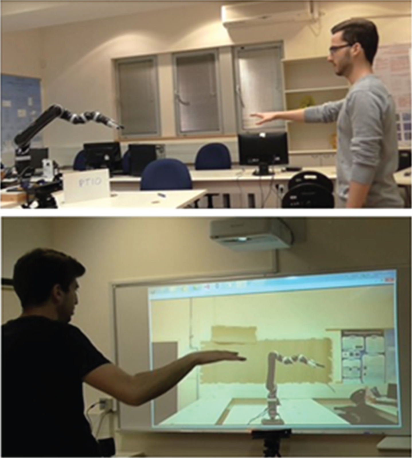 The experimental setup in (Levy-Tzedek et al., 2017). Top: a participant playing with the robotic arm. Bottom: a participant playing with the projection of the robotic arm on a screen.