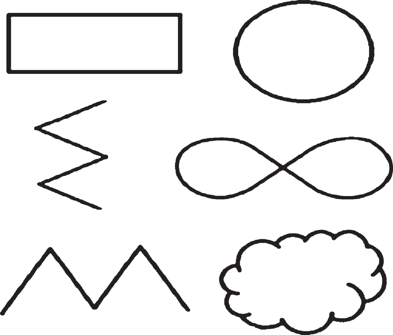 The shapes outlined by the robotic arm. Left column: The sharp movements Rectangle, Horizontal zigzag and Vertical zigzag. Right column: Circle, Infinity sign and Cloud.