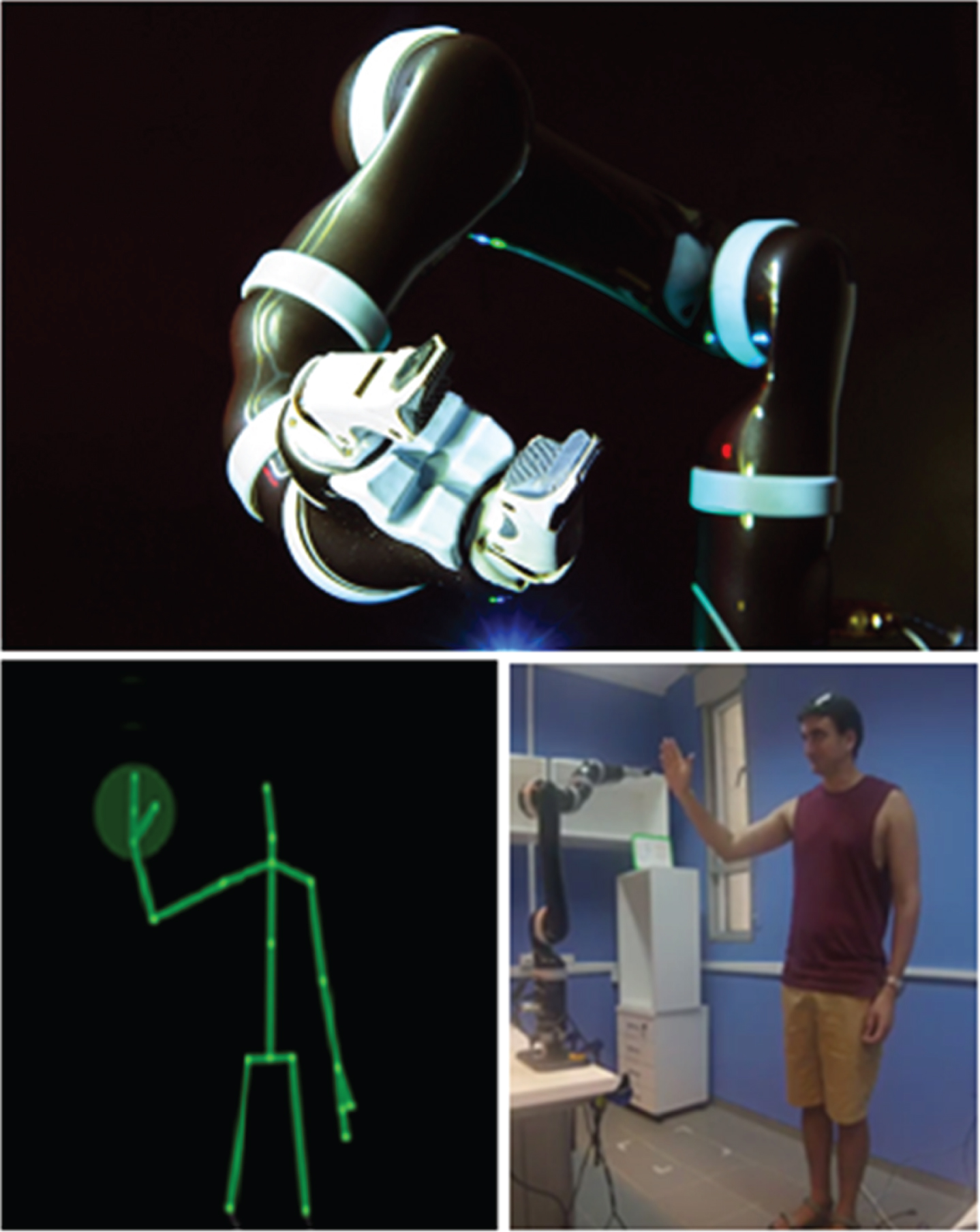 Experimental equipment. Top: The Kinova MICO robotic arm, which served as a partner in the mirror game. Bottom: a demonstration of the real-time location of the participants’ hand captured and displayed via a Kinect 2.0 camera (Left), as the participant interacted with the robotic arm (Right).