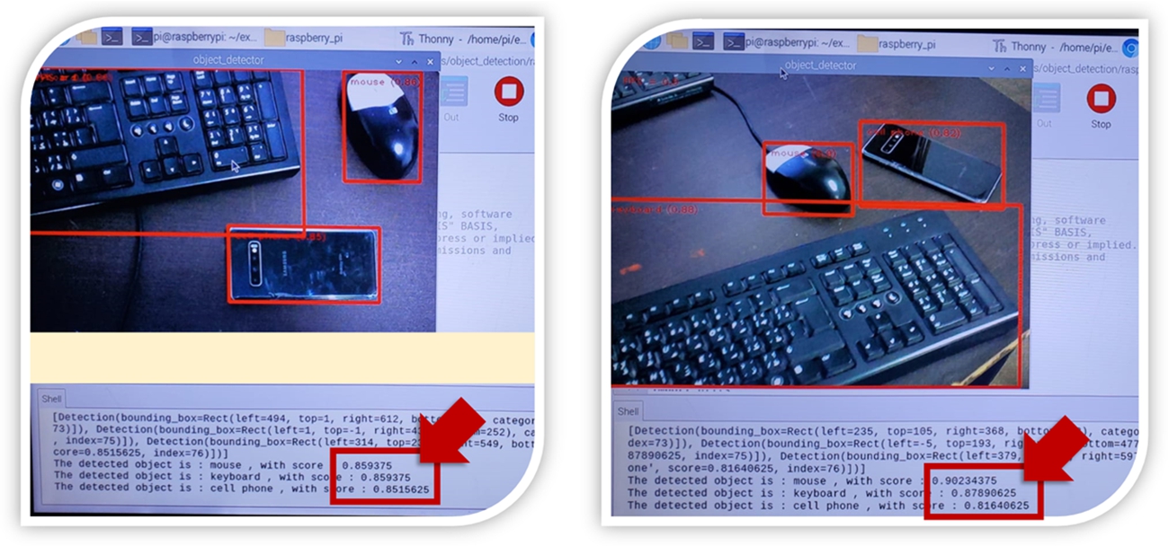 E-waste object detection results on mouse, keyboard, and smartphone.