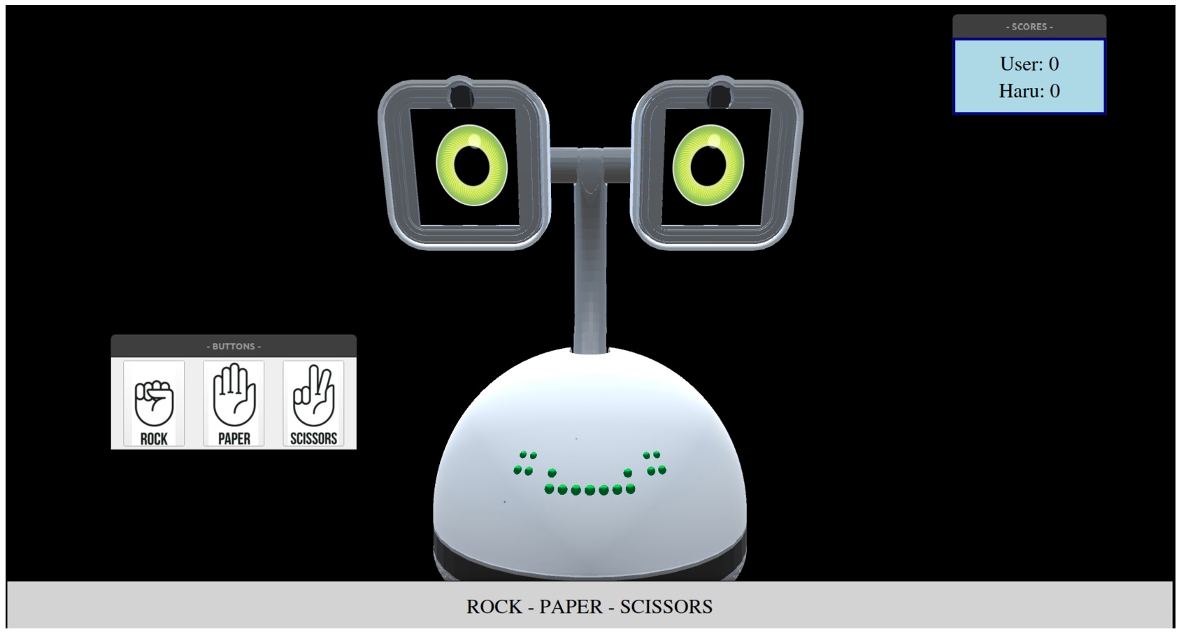 First design of the Rock–Paper–Scissors application with Haru’s virtual environment for a user only able to see and not hear. For a user able to see and hear, the interface is similar, without subtitles. For a user only able to hear and not see, a black screen is displayed.