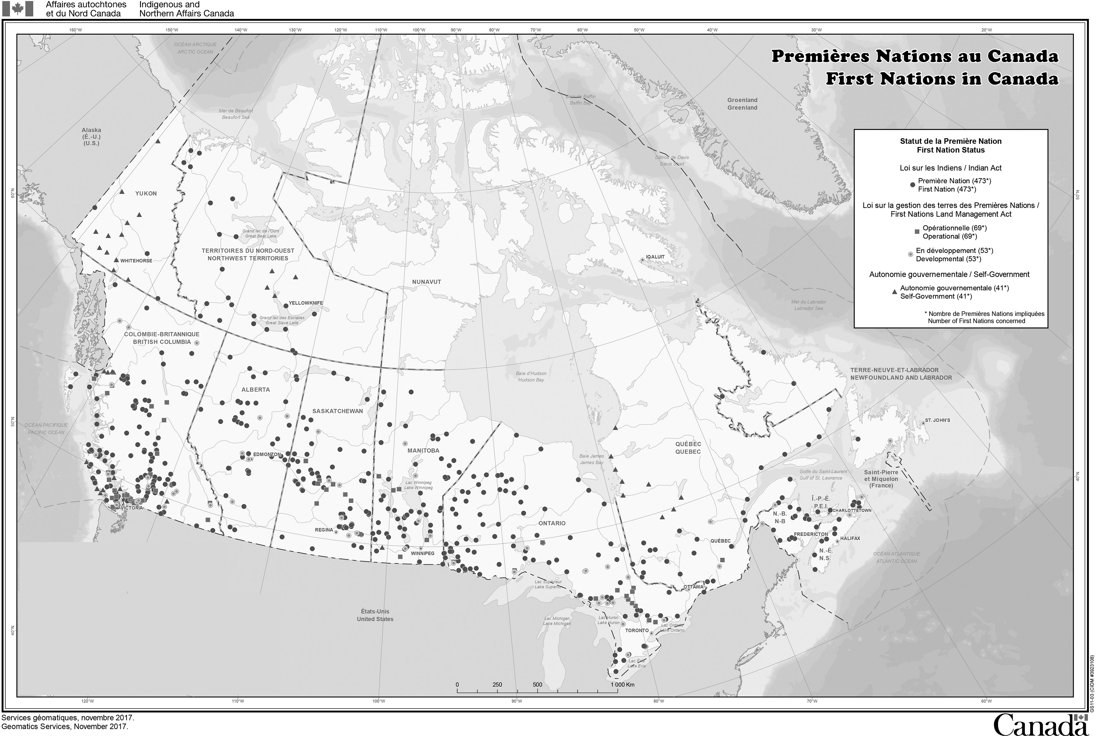 First Nations in Canada. This map illustrates where First Nations communities are located in Canada, as well as shows First Nations status symbolized as the Indian Act, the First Nations Land Management Act or Self-Government. Source: Indigenous and Northern Affairs Canada, Geomatics Services, November 2017.