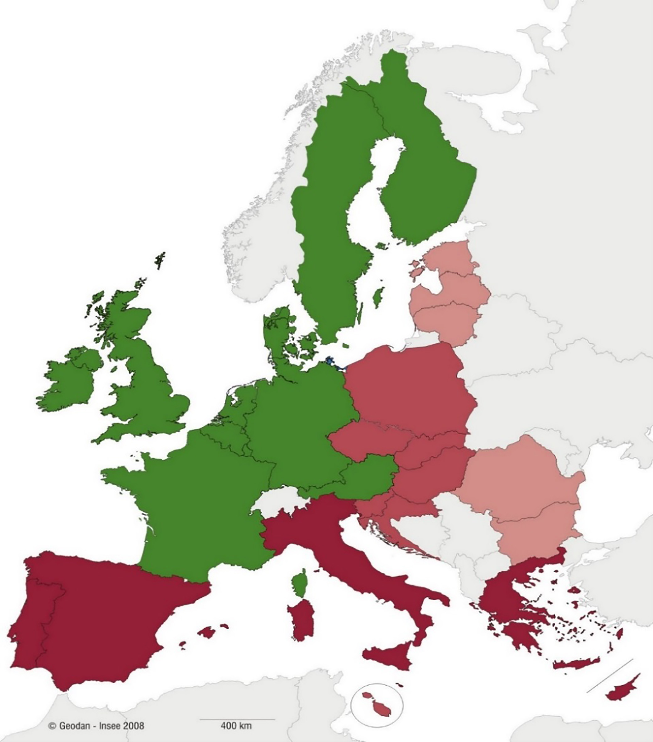 Classification of the EU countries for the SDG indicators. Source: Eurostat; authors’ calculations. Notes: On this map, Western and Northern Europe is shown in green; Eastern and Southern Europe has been split into three subgroups, shown in different shades of red: Southern Europe; Eastern Europe and Malta; Baltic states, Bulgaria and Romania.
