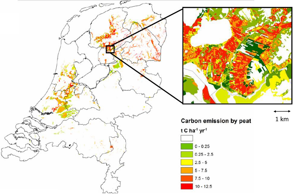 Carbon account map for the Netherlands, showing carbon emissions from peatland drainage. Source: [37].