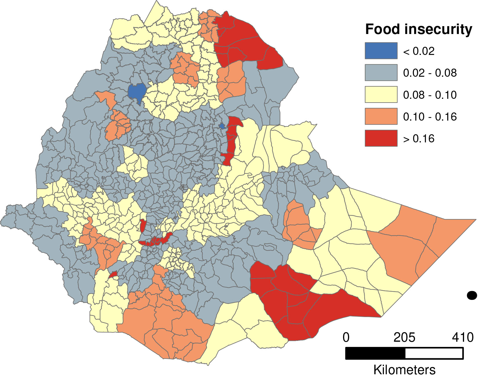 A map of Ethiopia showing zonal level food insecurity estimates.
