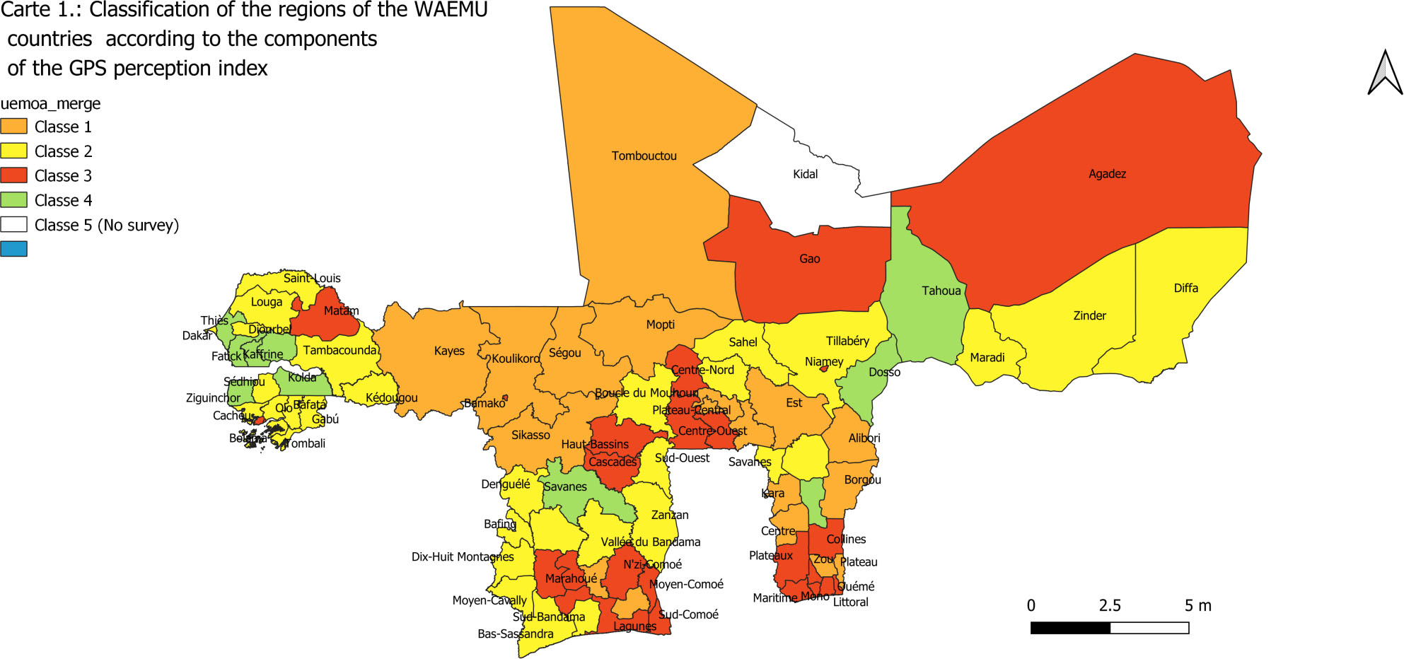 Classification of the regions of the WAEMU countries according to the components of the GPS perception index.