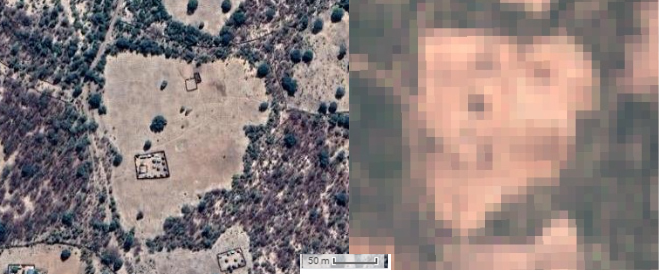 Two images, left showing a sentinel 2 true-color composite and right, the Google’s high-resolution base map imagery of plot and surroundings.
