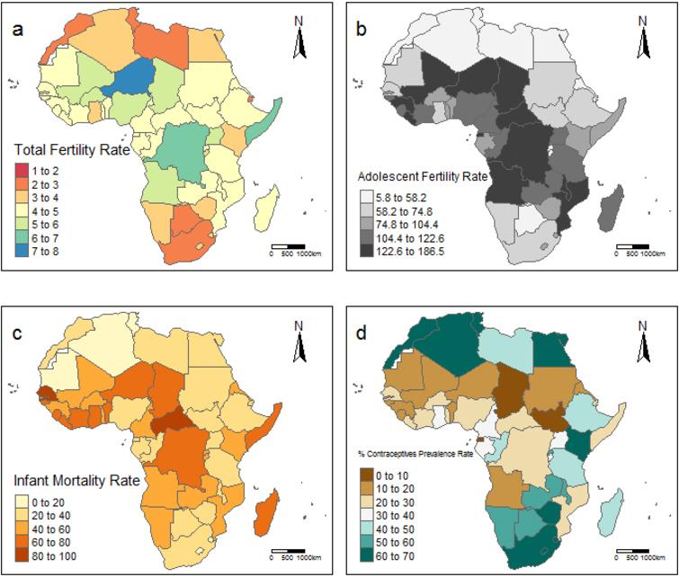 Spatial distribution of variables across Africa including non-contiguous areas (a) shows the 2017 data on total fertility rate (b) shows the 2017 data on adolescent fertility rate (c) shows the 2017 data on infant mortality rate (d) shows the 2017 data on percentage contraceptive prevalence rate by women of reproductive age.