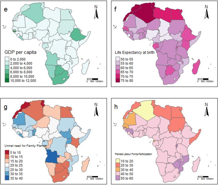Spatial distribution of variables across africa including non-contiguous areas (e) shows the 2017 data on gross domestic product per capita (US Dollars) (f) shows the 2017 data on life expectancy in years (g) shows the 2017 data on percentage of women of reproductive age with unmet need for family planning (h) shows the 2017 data on percentage of female labour force participation.