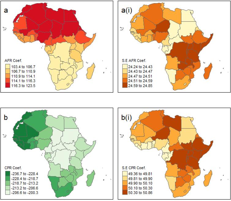 Map of variable coefficients and coefficient standard errors (a) the plot of coefficients of adolescent fertility rate across Africa (a(i)) the plot coefficients standard errors for adolescent fertility rate across Africa (b) the plot of coefficients of percentage of contraceptive prevalence rate across Africa (b(i)) the plot coefficients standard errors for percentage of contraceptive prevalence rate across Africa.