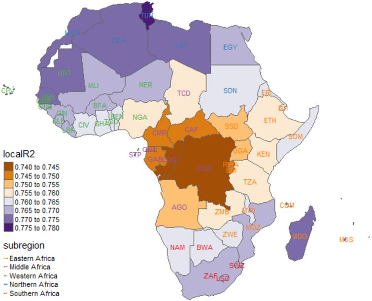 Map of local R-squared values across Africa.