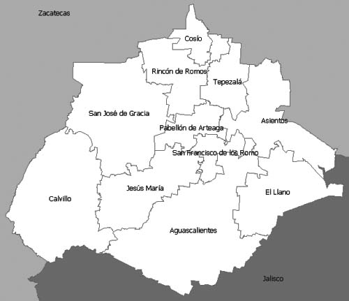 Municipalities of Aguascalientes state. Jalisco state and Zacatecas state are also depicted.