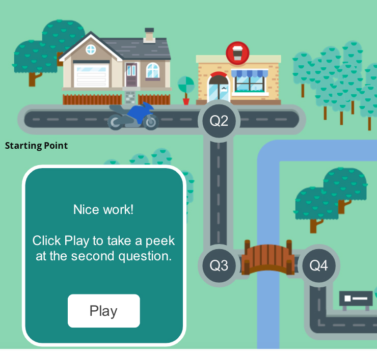 Motorcycle game leading learners through a series of questions about tables.