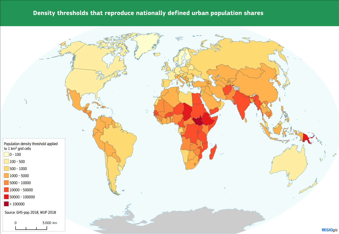 Population density thresholds that reproduce nationally defined urban population shares, 2015. Source: UN World Urbanization Prospects 2018.