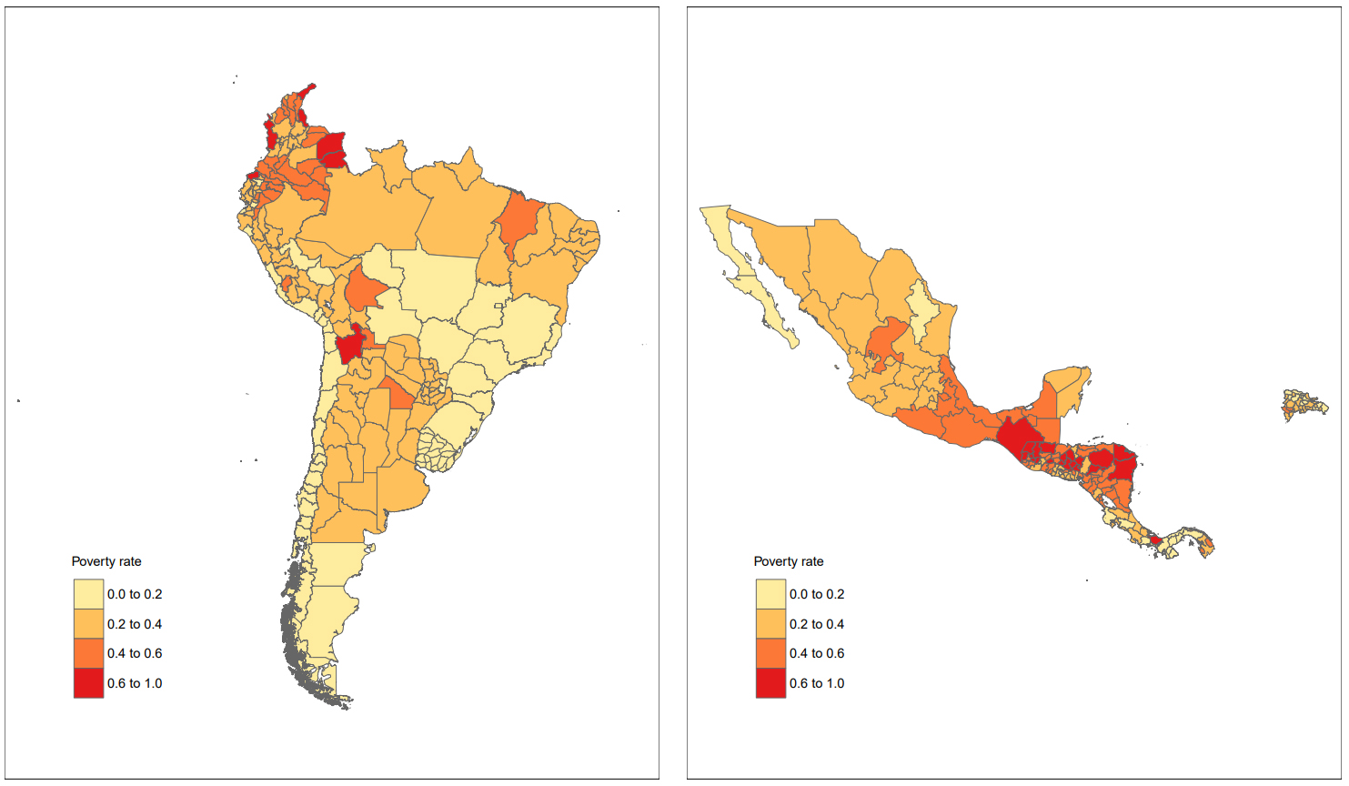 SAE estimates of the extreme poverty rate in Latin American countries based on the Multilevel Regression with PostStratification approach. Source: Prepared by the authors.