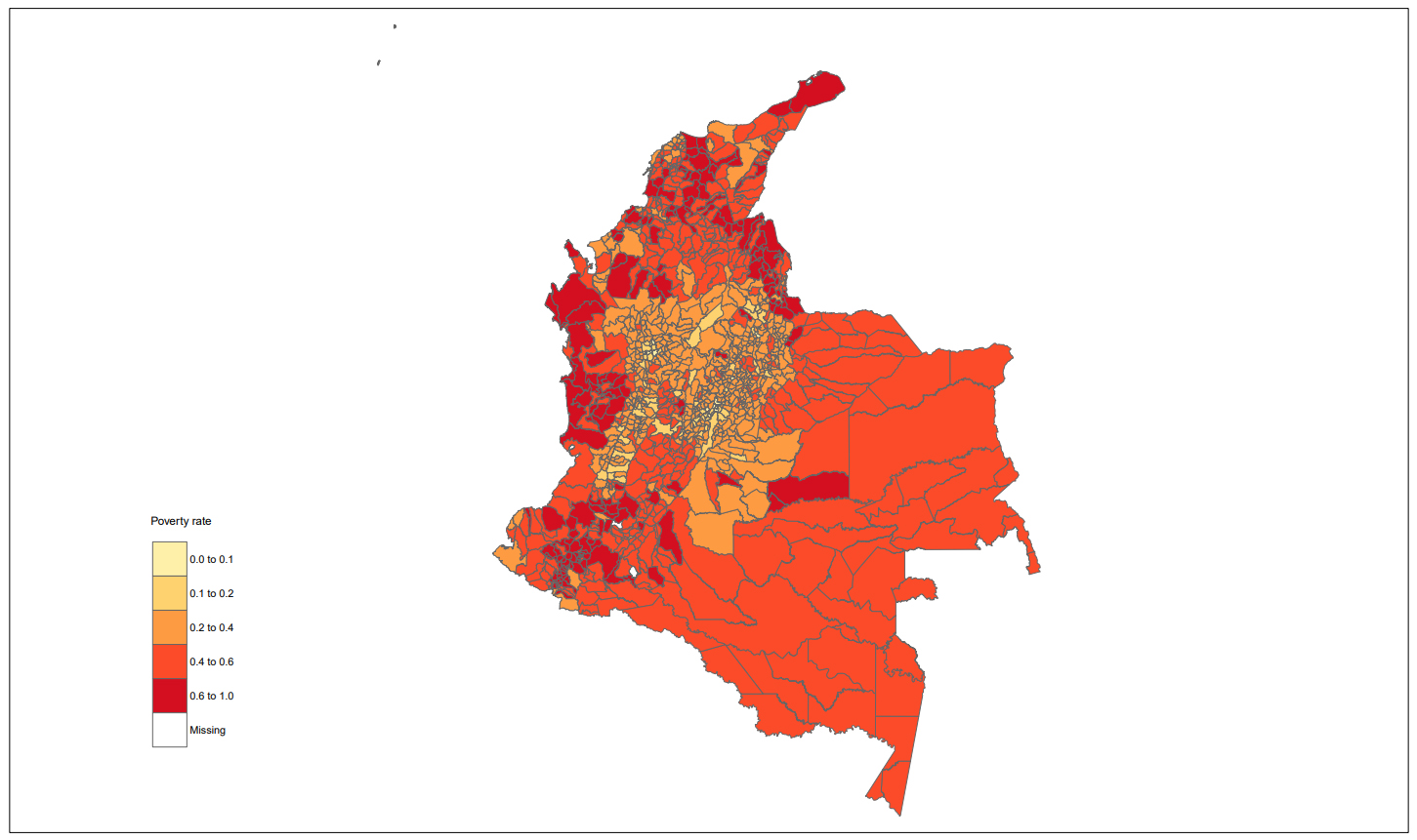 SAE estimate of the poverty incidence rate in Colombia for 2018 based on the EBP with sample weights approach. Source: Prepared by the authors.