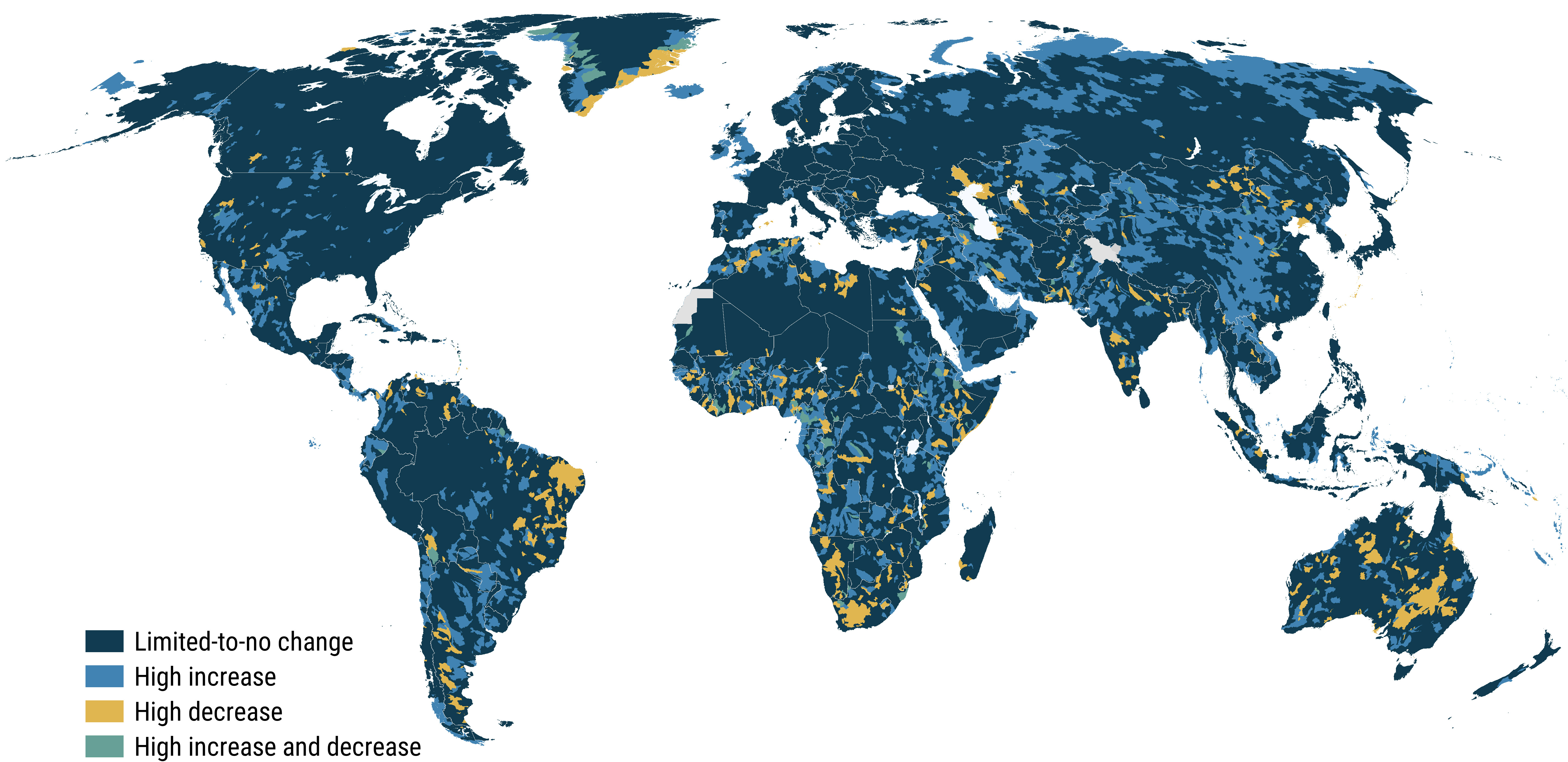 Global map of river basins with observed high increase and/or decrease in surface water area during 2015–2019 compared with 2000–2019 [11].