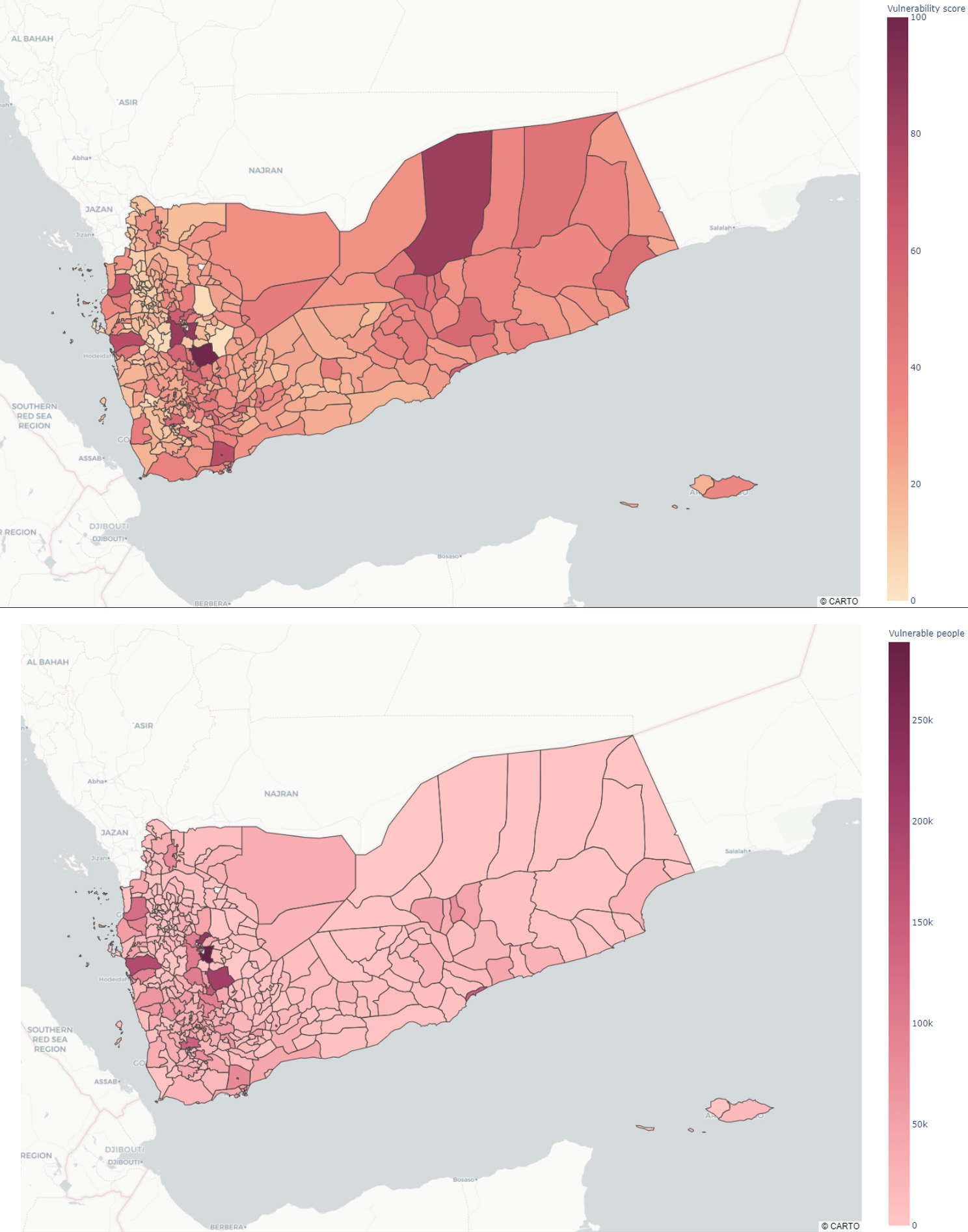 Vulnerability maps for Yemen: Vulnerability score in the top panel, vulnerable population in the lower panel.