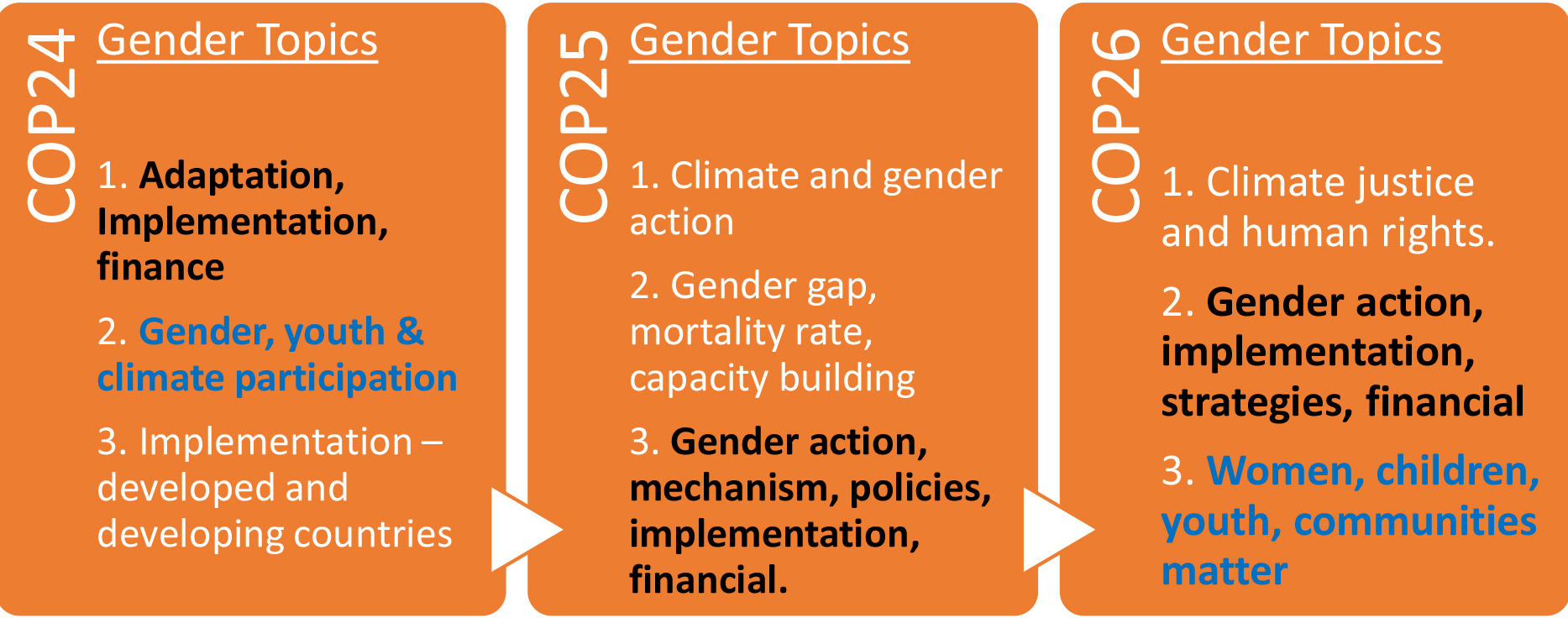 Gender-related topics extracted in COP24, COP25 and COP26 using LDA technique.