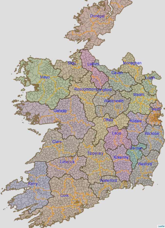 Republic of Ireland counties, local electoral areas, and electoral districts.
