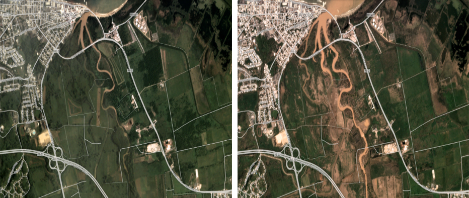 An agricultural area of Puerto Rico before (left) and after (right) Hurricane Maria.