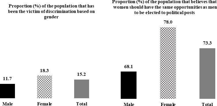 Discrimination by gender, equal opportunities to be elected at political positions by gender. Sources: GPS-SHaSA module, 2014, NIS; authors’ calculations. Questions are worded as follows: Have you been discriminated against due to your (economic status, regional origin, ethnicity or language/dialect)? In your opinion, should women have the same opportunities as men to be elected to political posts?