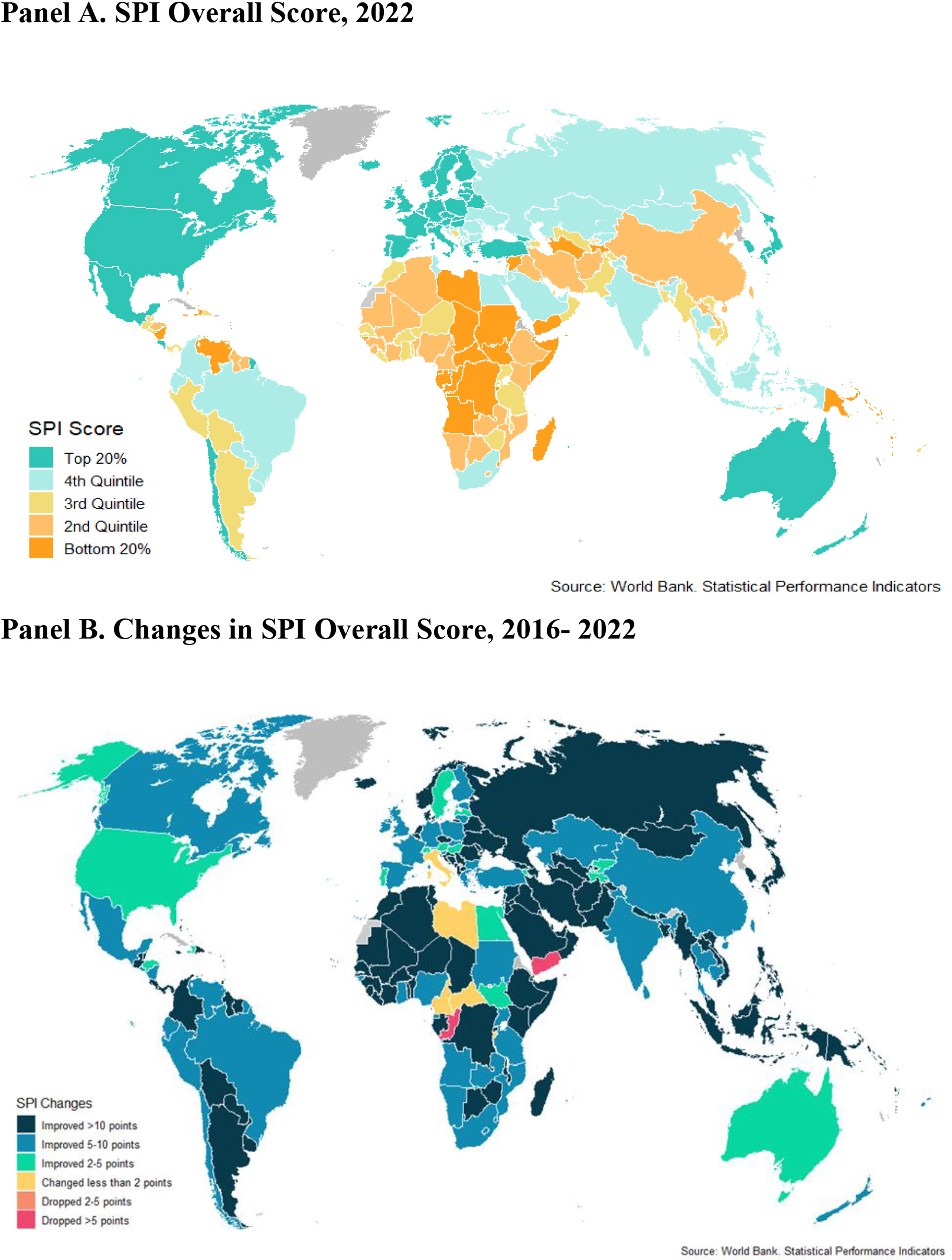 Country SPI Score. Panel A. SPI Overall Score, 2022; Panel B. Changes in SPI Overall Score, 2016–2022.