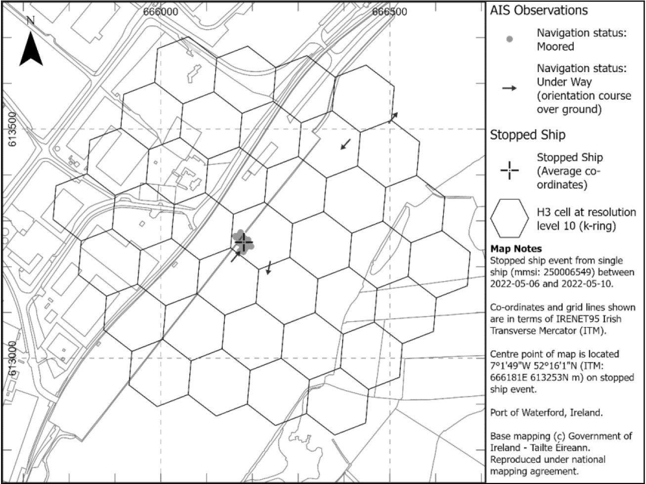 H3 Neighbourhood: K-depth 3 and H3 Resolution 10 (example for Waterford Port).