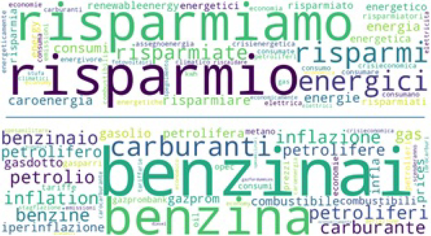 Word cloud depicting T2 clusters: 13.6% cluster related to energy (top); 8.2% cluster related to fuel price increase (bottom).