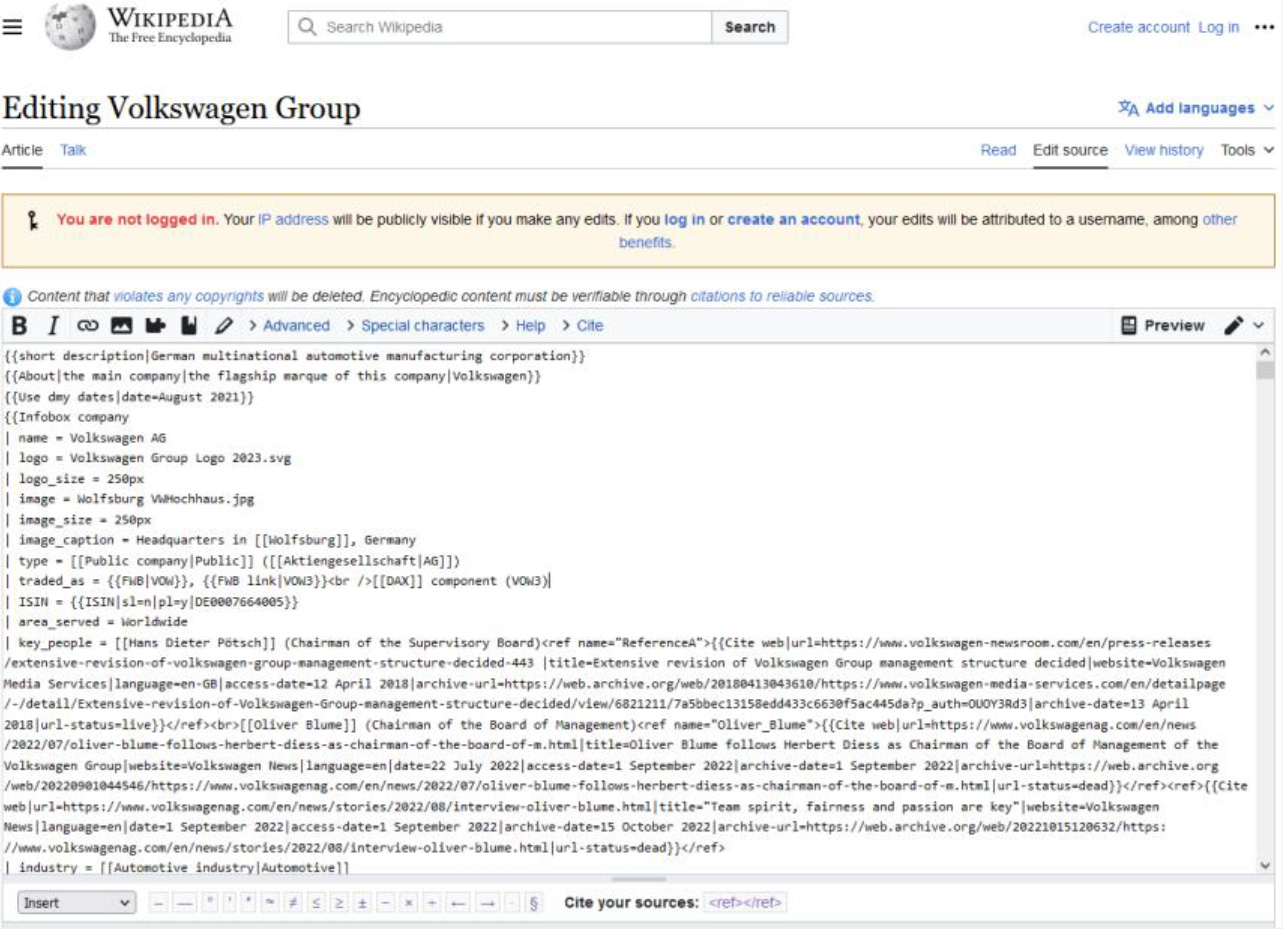 A Wikipedia article in Wikitext markup language (edit mode).