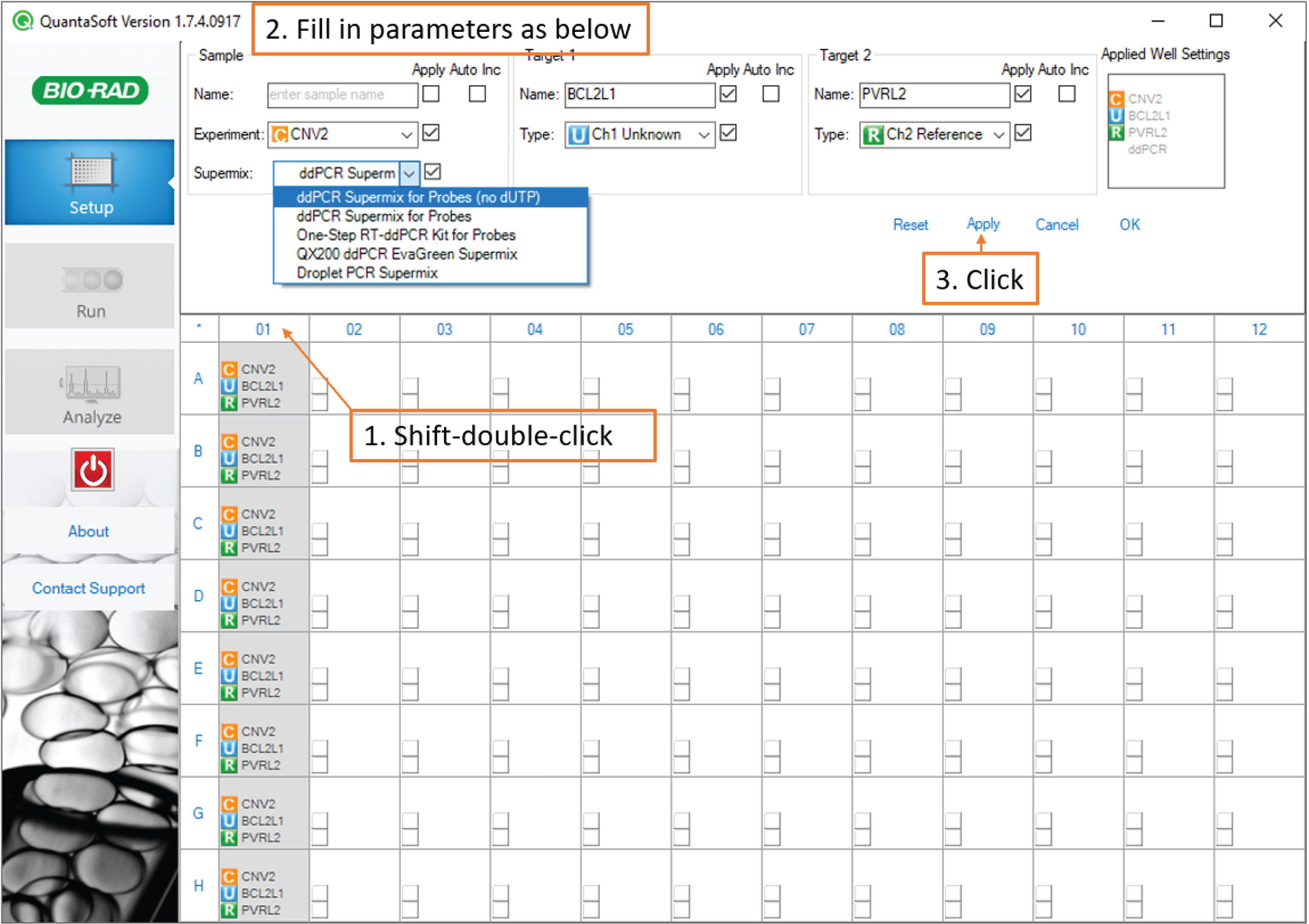 Droplet Reading: screenshot of the QuantaSoft software showing steps to create a new assay.