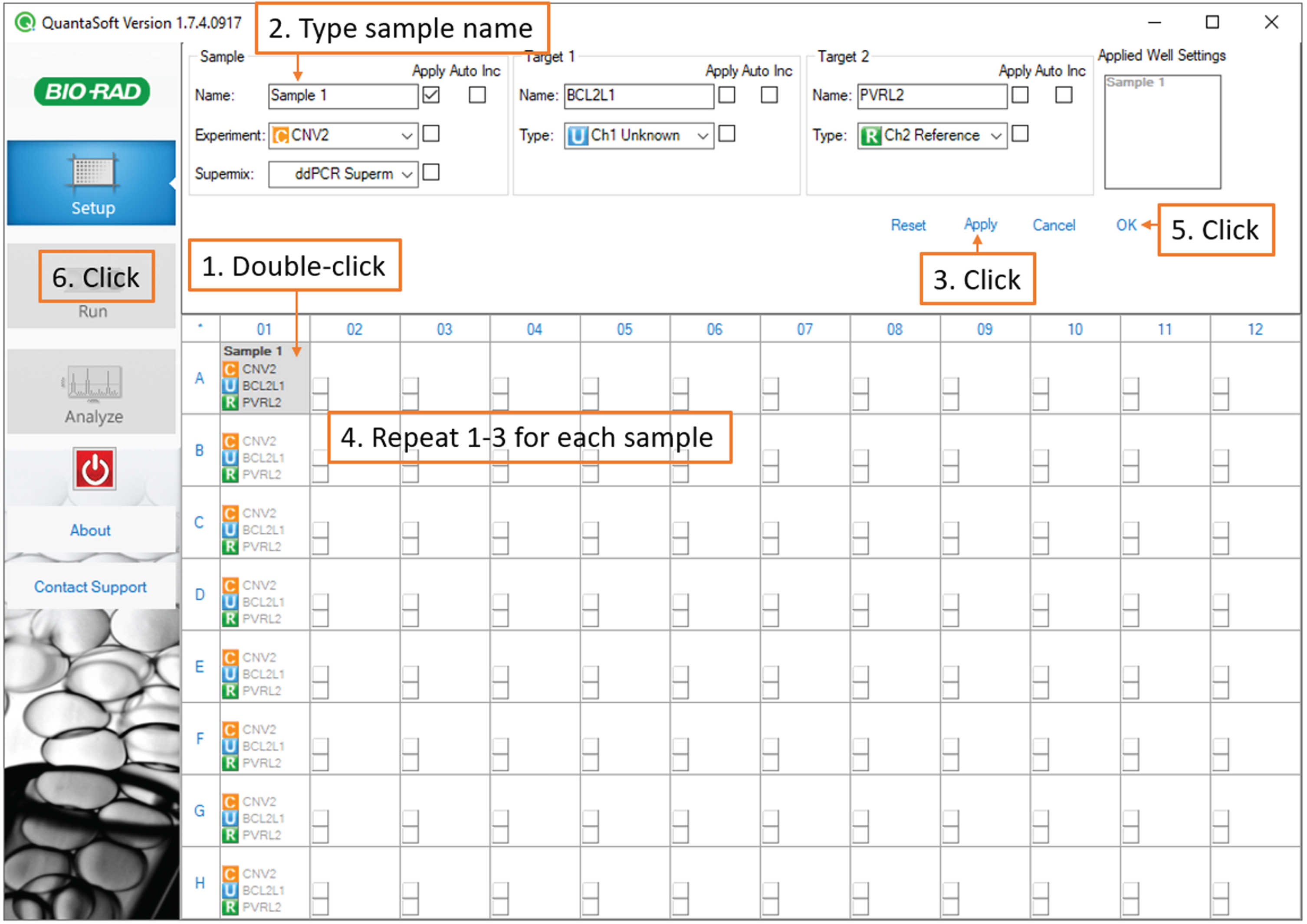 Droplet Reading: screenshot of the QuantaSoft software showing steps to enter and save sample names.