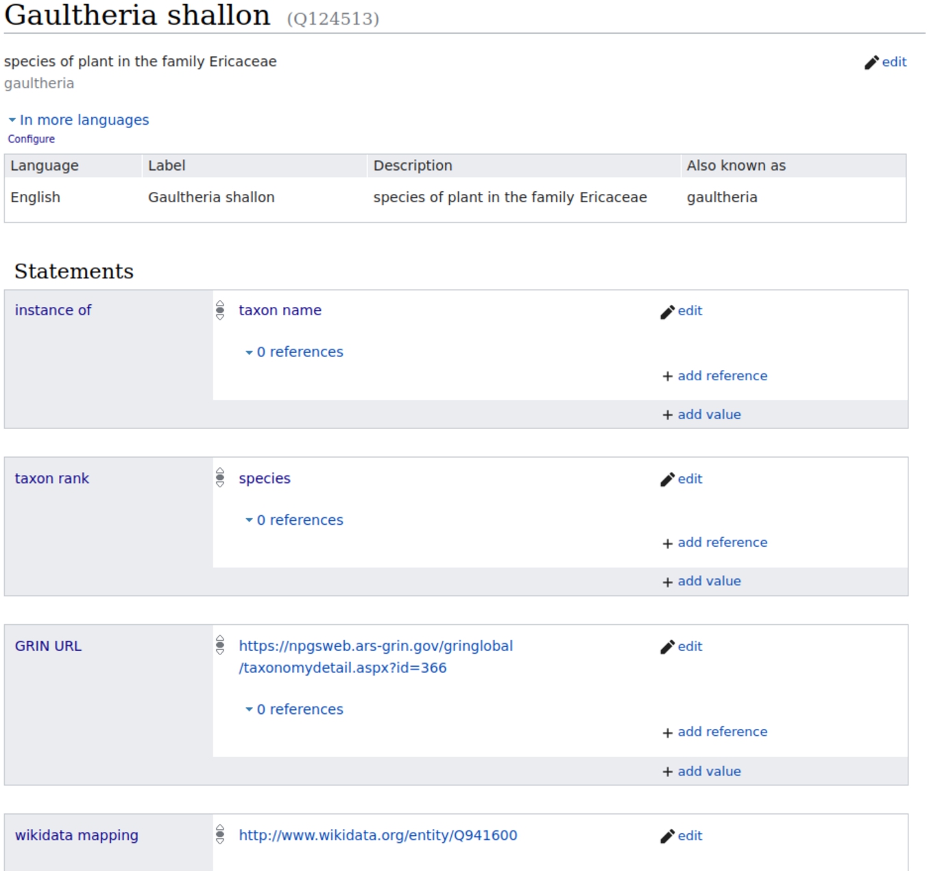 Item for Gaultheria shallon in WikiFCD showing Wikidata mapping.