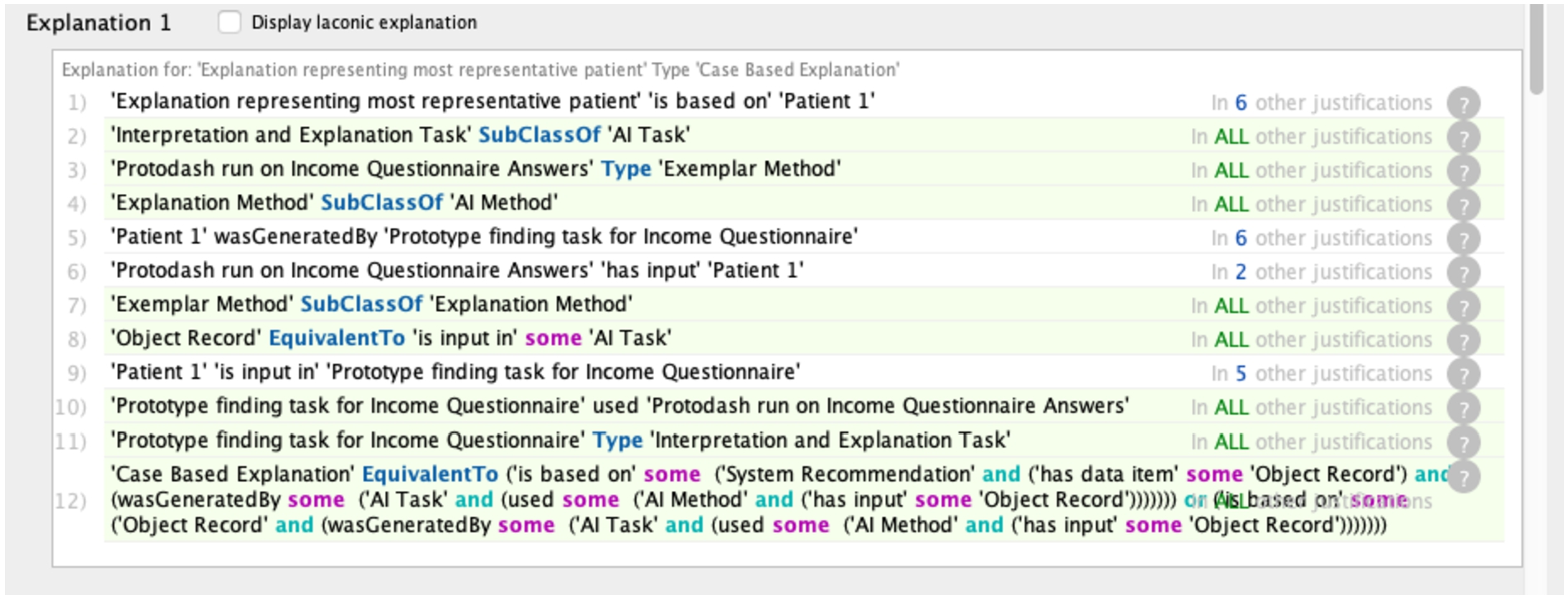 A screenshot from the Protege ontology editing tool identifying the rules that were satisfied for a particular explanation to be classified as a case based explanation.