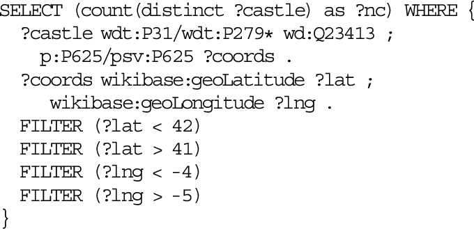Query to the Wikidata endpoint for retrieving the number of castles in a bounding box with the following WGS84 coordinates: South 41°, North 42°, West −5°, East −4°