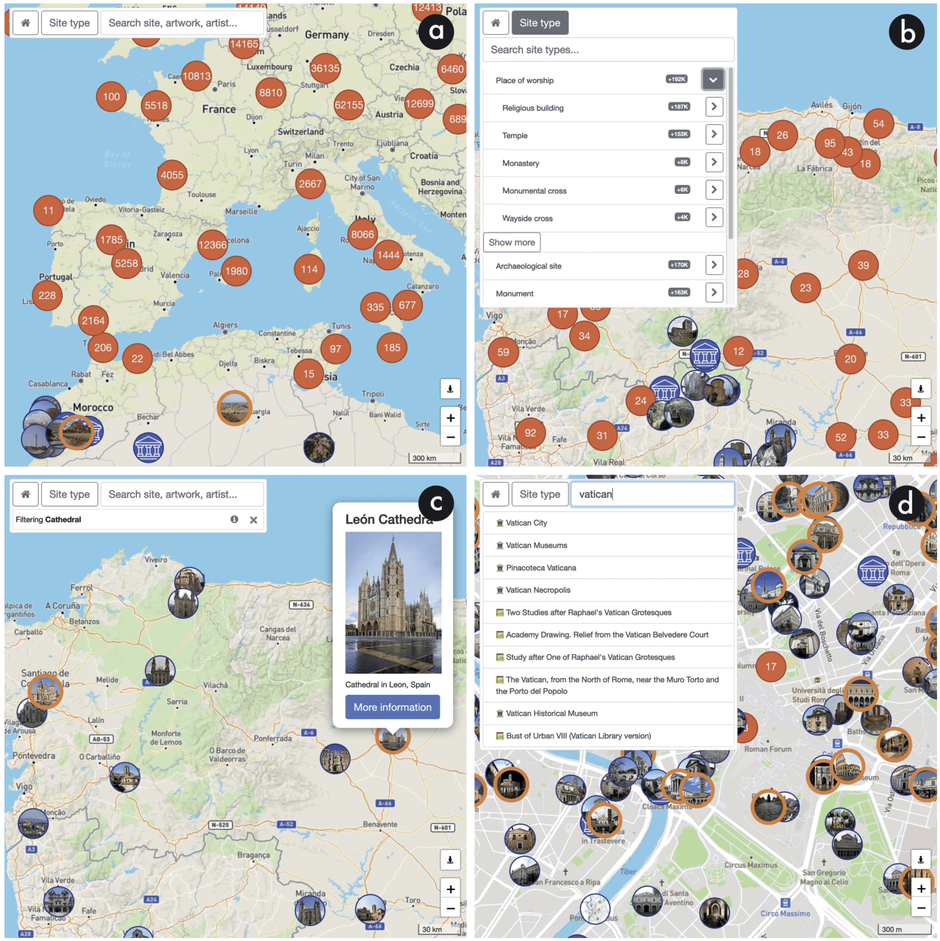 Snapshots of the map interface of LOD4Culture. (a) Route /app/?loc=41.623655,3.801270,5z: the map covers a very large area that includes South-West Europe and North Africa; cluster markers aggregating CH sites are shown in Europe and the Mediterranean coast of Africa, while single CH site markers are displayed in the rest of Africa. (b) Route /app/?loc=42.757188,-6.908581,8z: the map is positioned in the last part of the Way of St James (North-West Spain); cluster markers are positioned in the main cities of the view, while single CH site markers are plotted along the North-East border of Portugal and Spain; the taxonomy of CH site types is displayed in the top-left form. (c) Route /app/?loc=42.757188,-6.908581,8z&siteType=http://www.wikidata.org/entity/Q2977: the map covers the same area as (b), but only cathedrals are shown due to the type filter set in the top-left form; a popup of León Cathedral is displayed. (d) Route /app/?loc=41.893061,12.482765,15z: the map is centered in a tiny area, corresponding to the city center of Rome; the search textbox shows a list of 10 suggestions for input text vatican that are sorted by popularity and including a distinguishing icon to differentiate the type of CH entity.