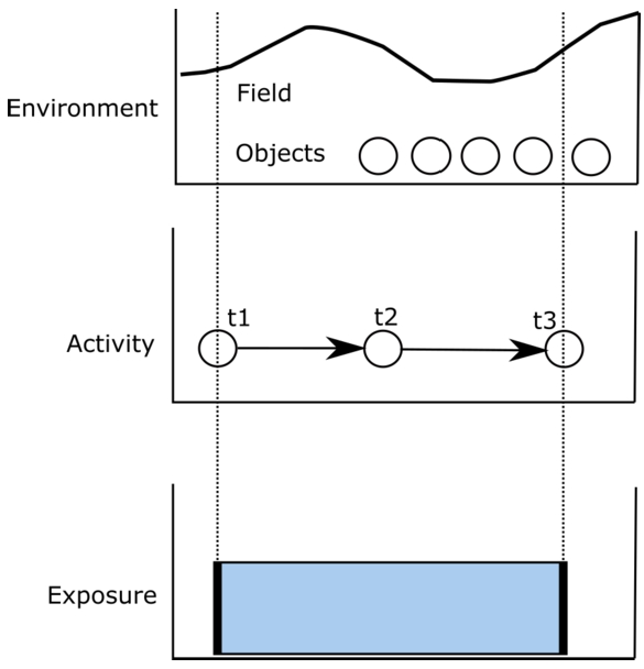 Principle of exposure measurement: geo-referenced environments (e.g. fields or objects) are summarized over the time and space of some activity in which the exposed person is involved. Exposure is a temporally extensive (accumulated) sum.