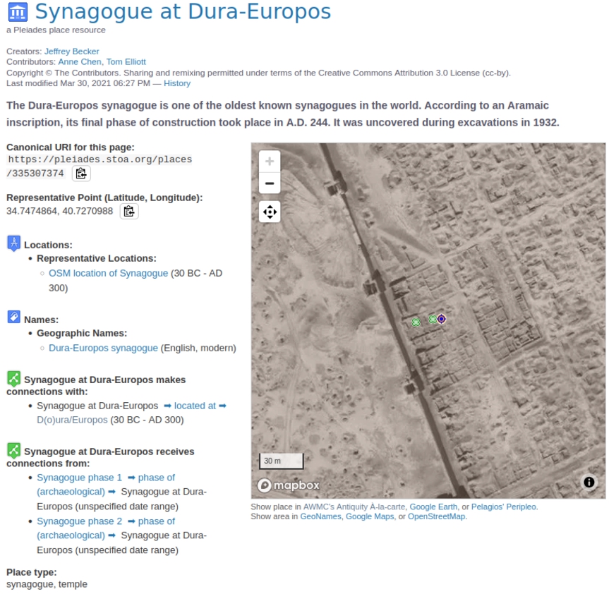 Information related to the Dura-Europos synagogue from the Pleiades Gazetteer.