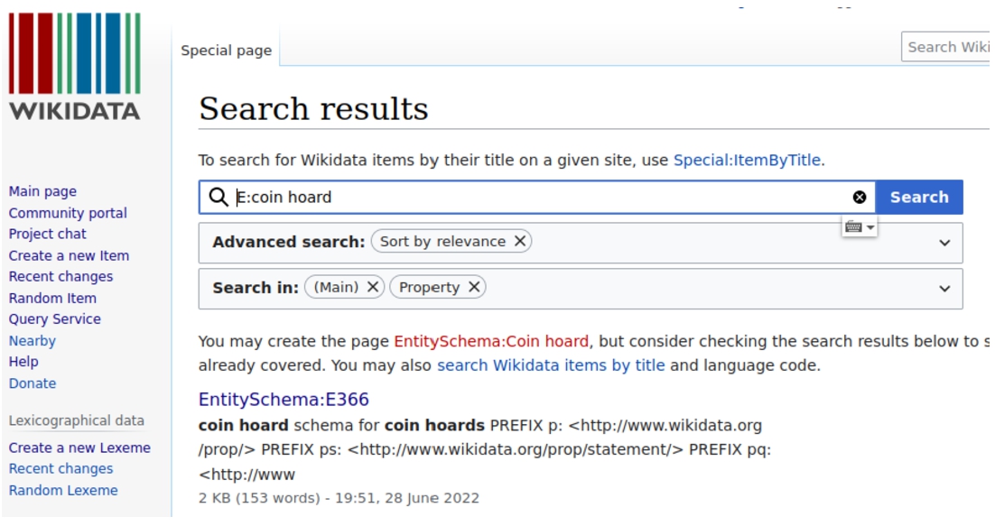Searching for ‘E:coin_hoard’ in the Wikidata search box returns schema E366.