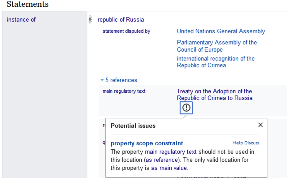 Main regulatory text constraint scope violation shown in a WD browser for the Republic of Crimea (Q15966495) item.